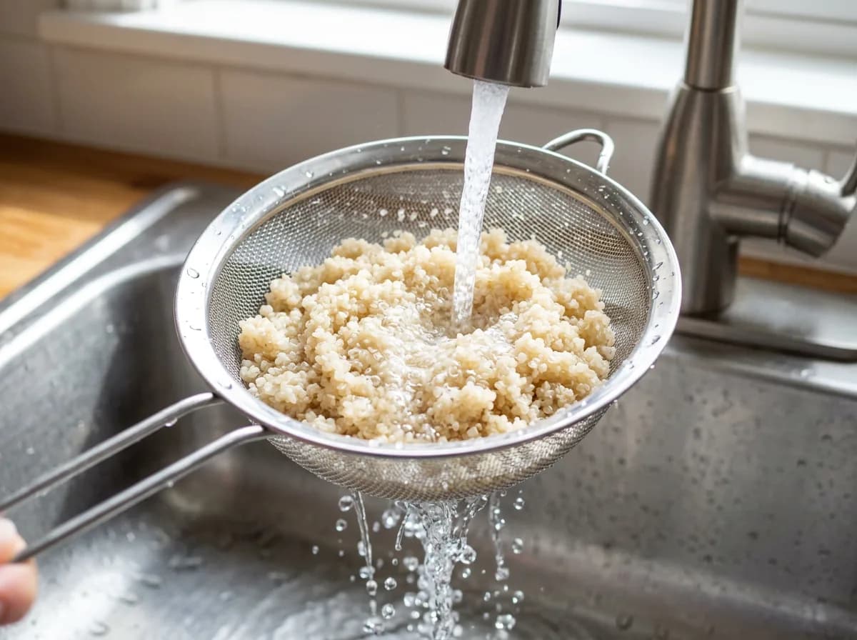 Rinsing quinoa in a fine-mesh strainer to wash off the saponin coating before cooking for dogs