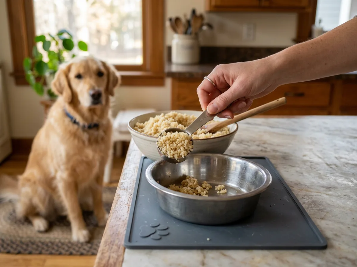 Measuring a small portion of cooked quinoa into a dog bowl as a golden retriever waits