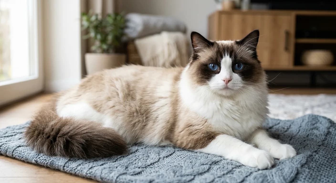 A seal bicolor Ragdoll with an inverted white V on the face, white chest and legs, color only on the ears, outer mask, and tail, blue eyes