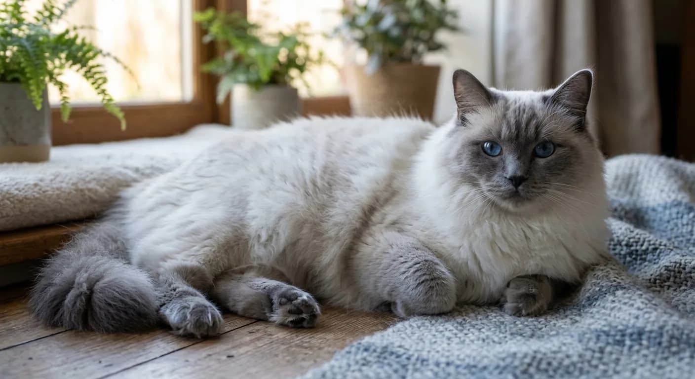 A blue point Ragdoll with soft slate-grey ears, mask, and legs over a cool bluish-white body, blue eyes, lying down