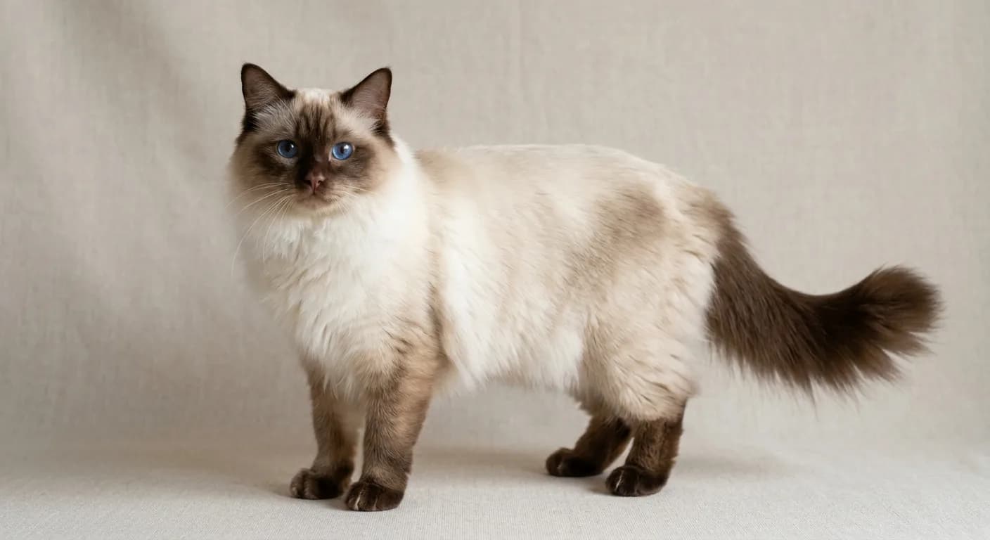 A chocolate point Ragdoll with warm milk-chocolate brown points over an ivory body, blue eyes, standing on a plain backdrop