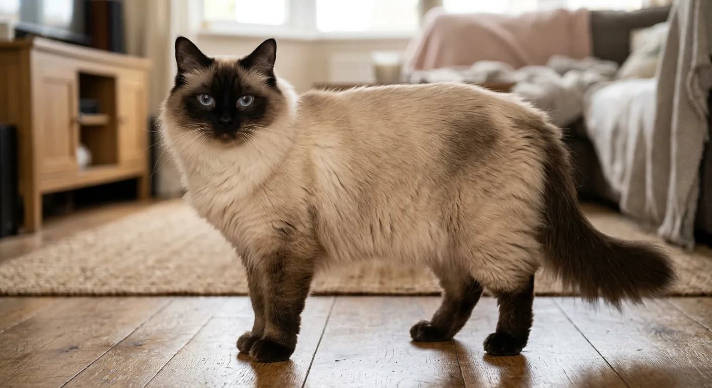 A seal colorpoint Ragdoll with solid dark points and no white markings anywhere, fully pigmented paws, blue eyes, full body view