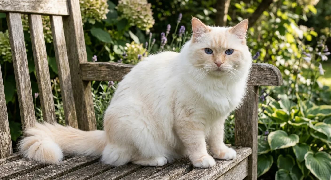 A cream point Ragdoll with very pale peachy points and an off-white body shown in good light to display the subtle coloring, blue eyes