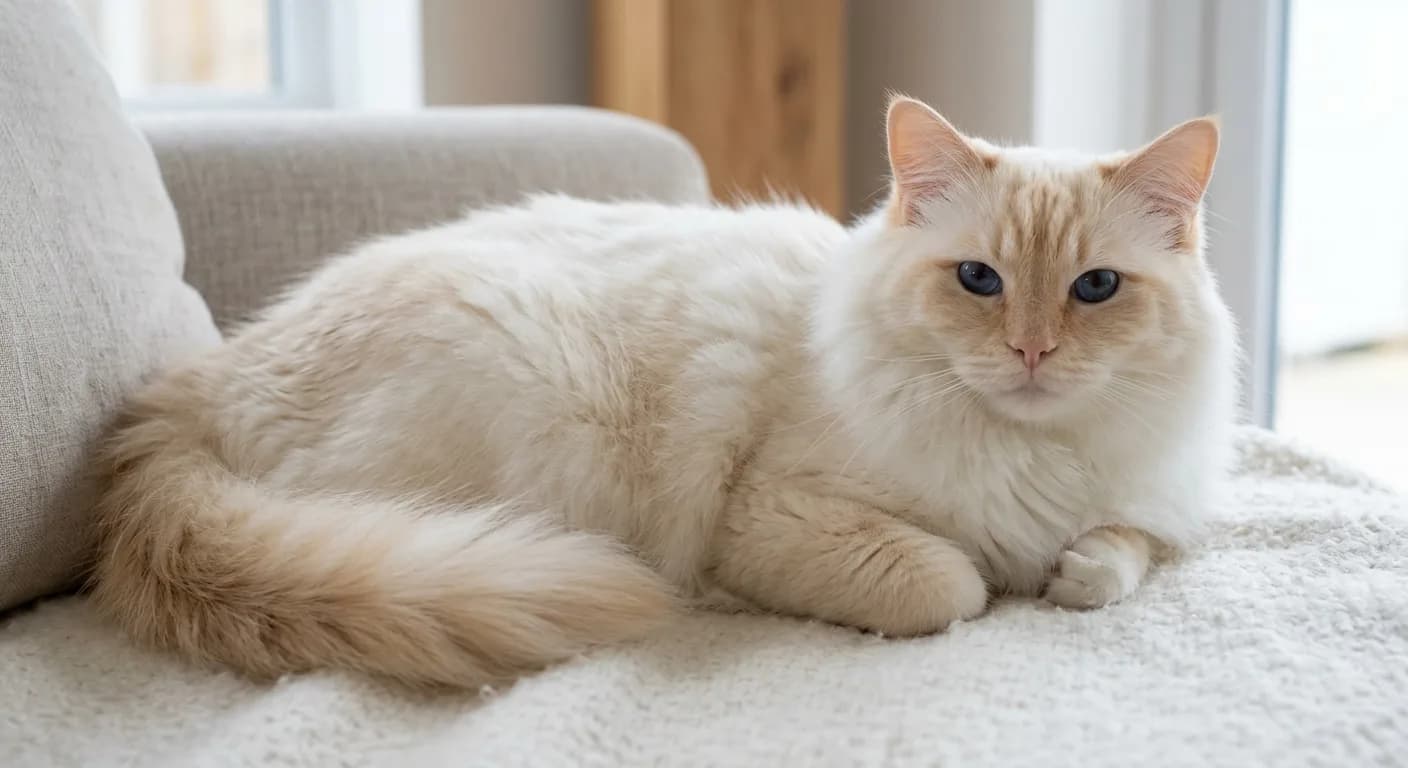 A cream point Ragdoll with very pale peachy-buff points over an off-white body, soft pastel coloring, blue eyes, resting