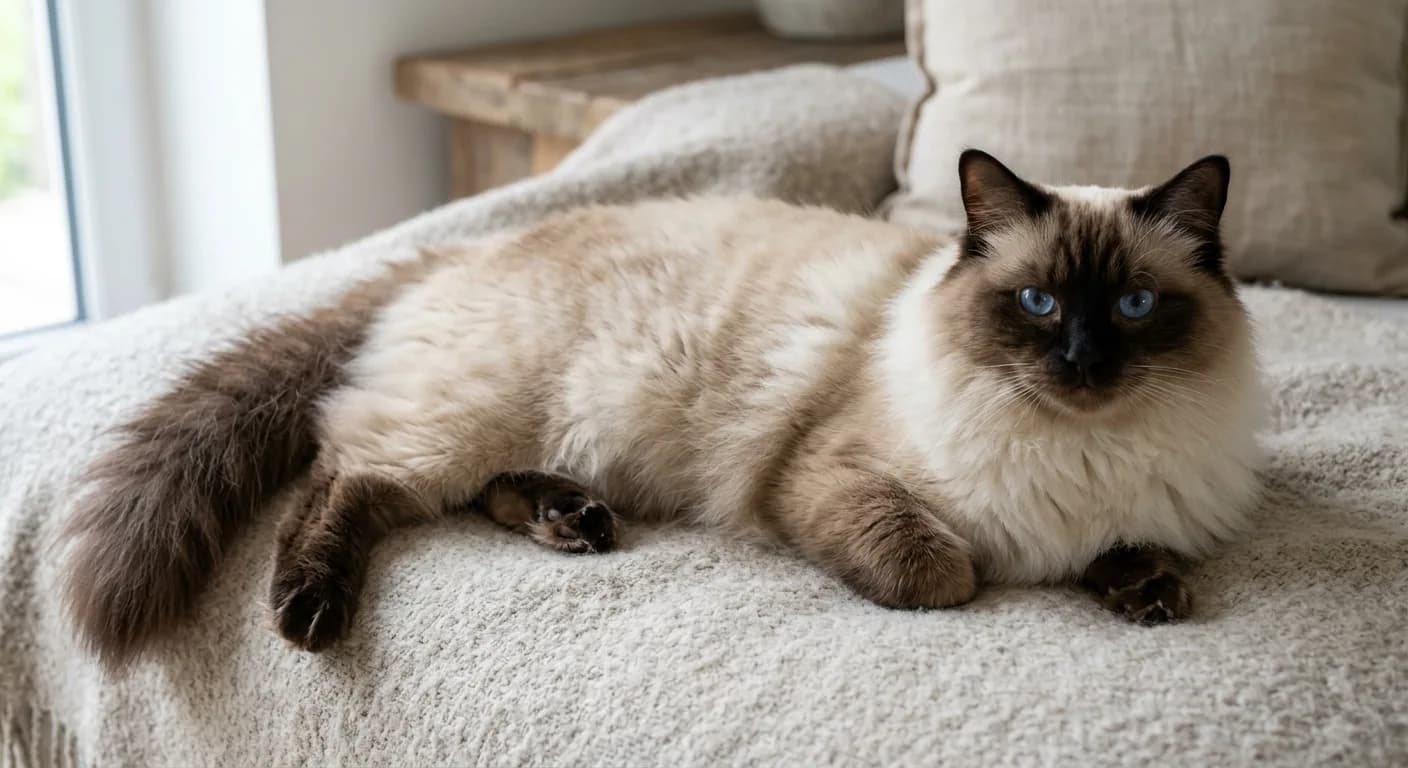 A large seal point Ragdoll cat with a pale cream body, dark seal-brown ears, mask, and legs, and vivid blue oval eyes, lying relaxed on a neutral background