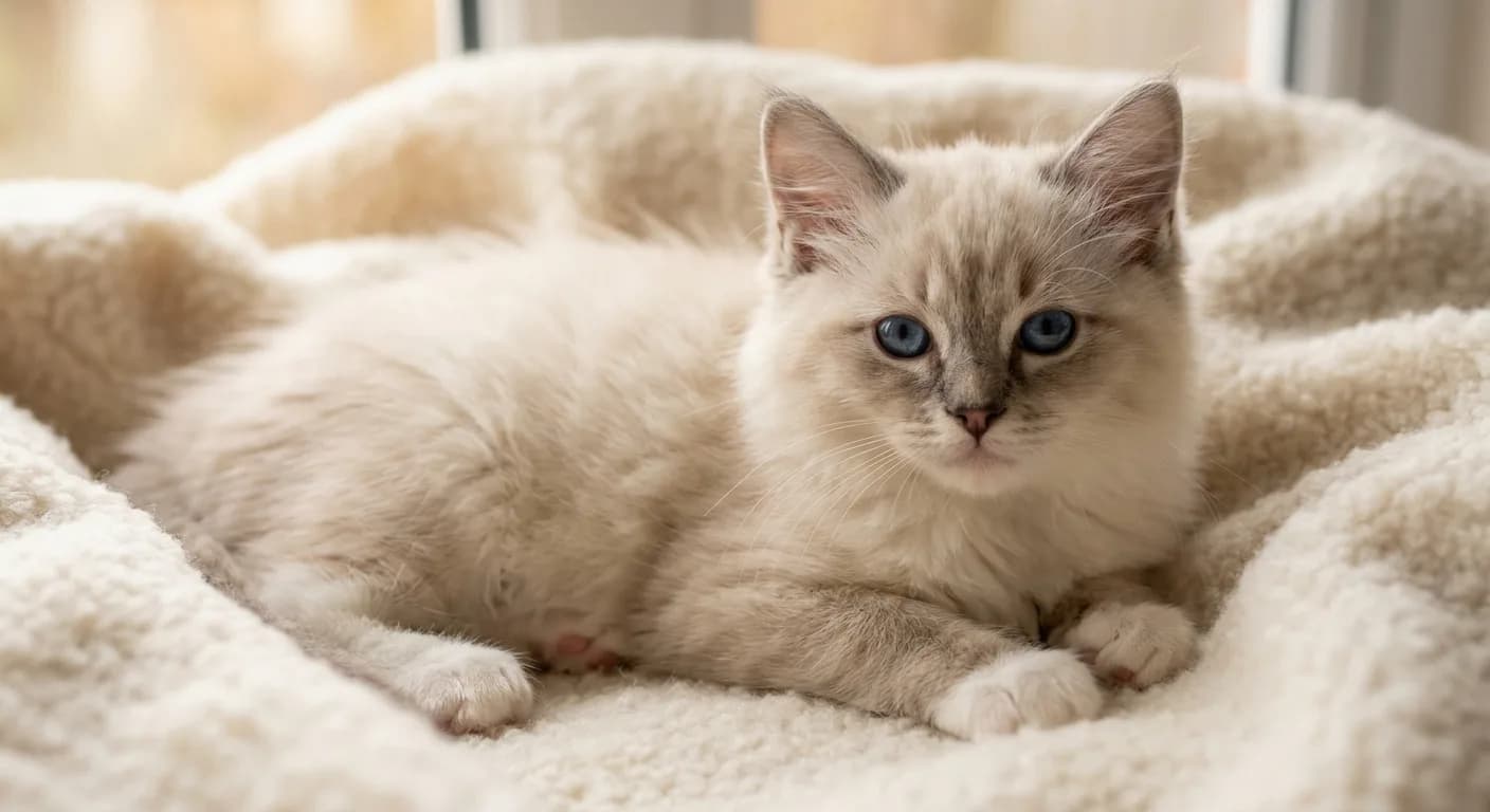A young white Ragdoll kitten with very faint seal points just beginning to appear on the ears and nose, blue eyes, on a soft blanket