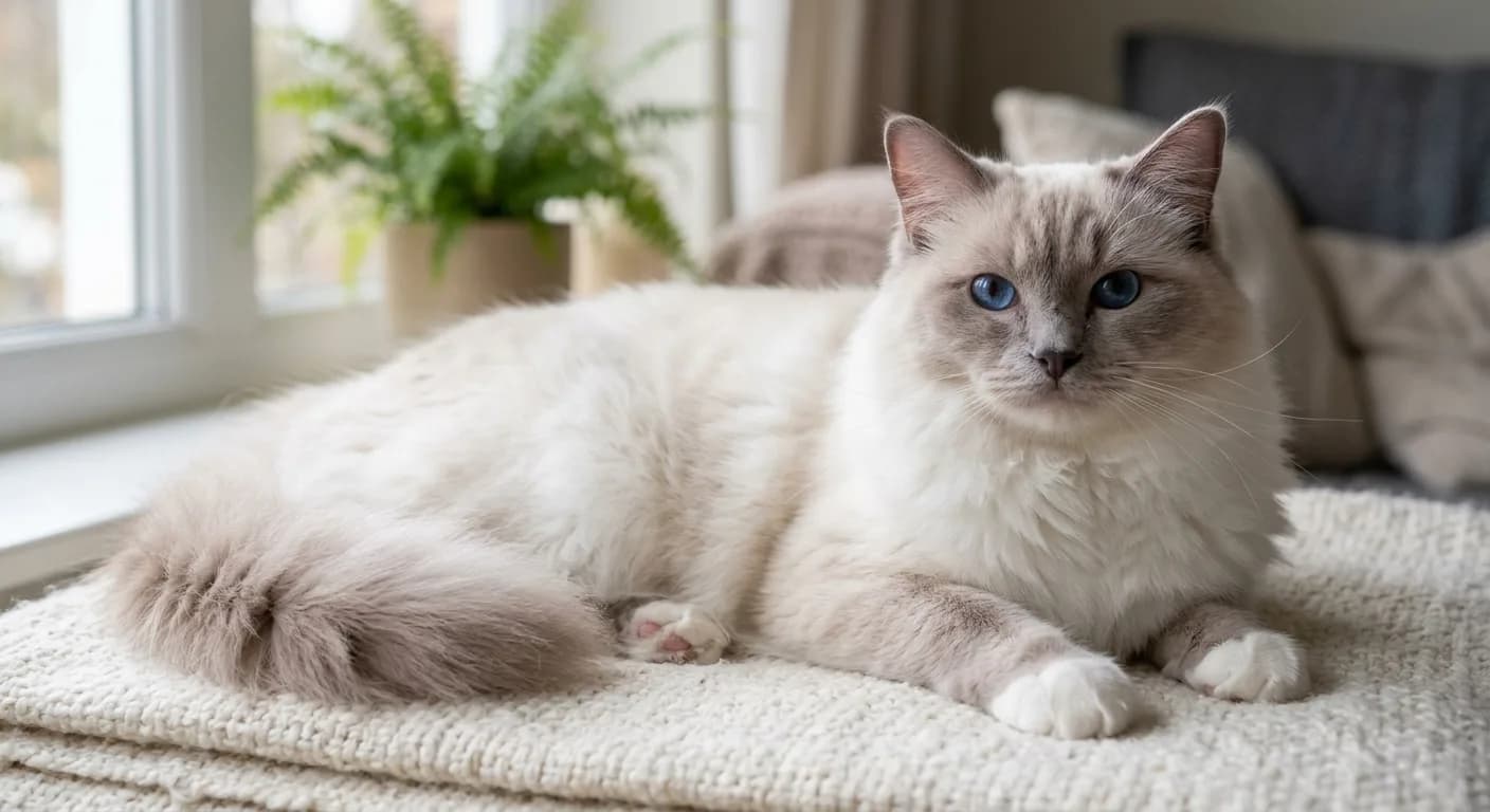 A lilac point Ragdoll with frosty pinkish-grey points over a milky-white body, pale and delicate coloring, blue eyes