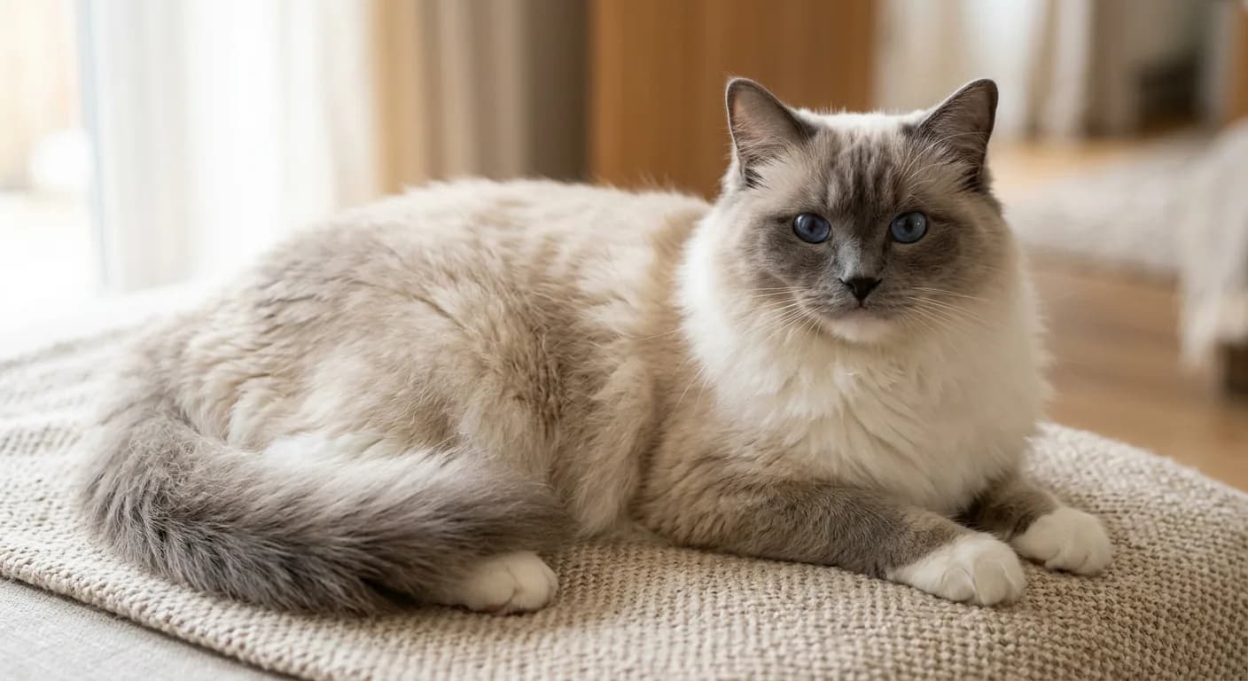 A blue mitted Ragdoll showing white front mittens, white back boots, a white chin, and a white belly stripe, with a solid grey mask, blue eyes