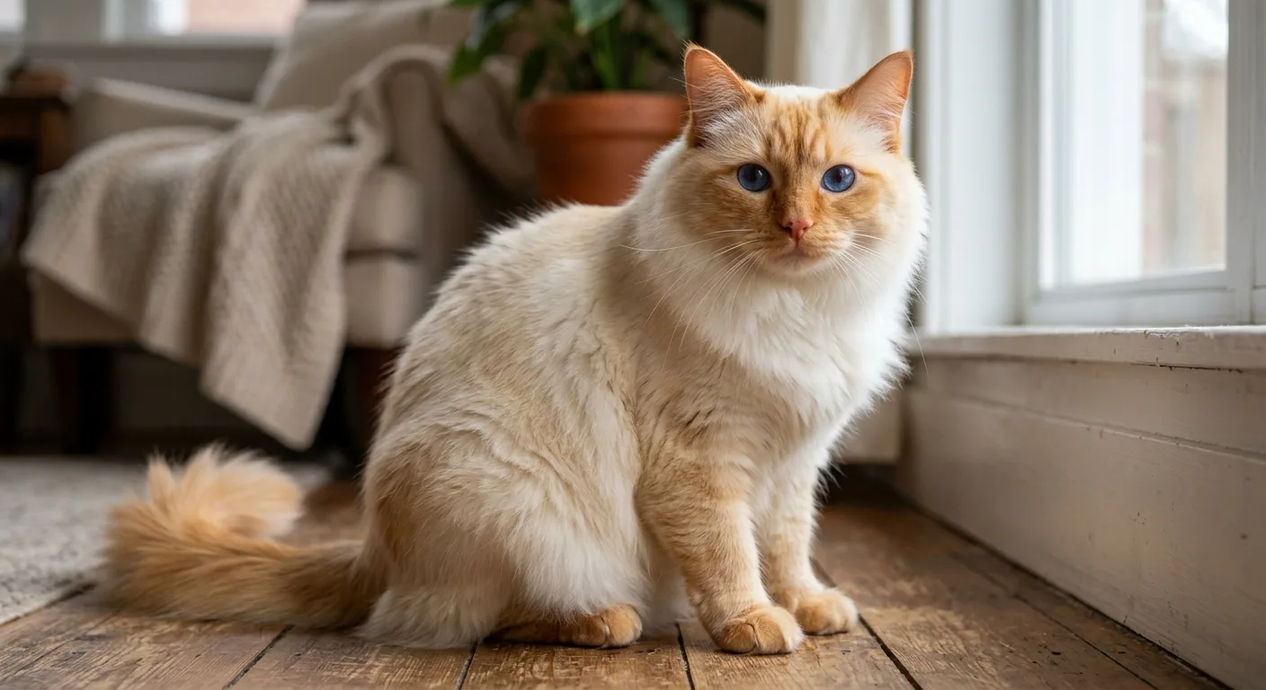 A red flame point Ragdoll with warm reddish-orange ears, mask, and legs over a creamy white body, blue eyes, looking toward the camera