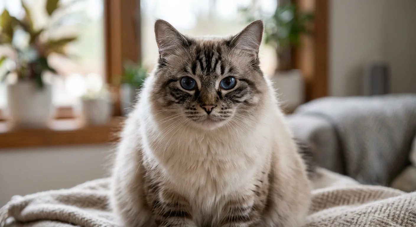 A seal lynx point Ragdoll with tabby-striped legs, a clear M marking on the forehead, pale eye rings, and blue eyes, head and shoulders view
