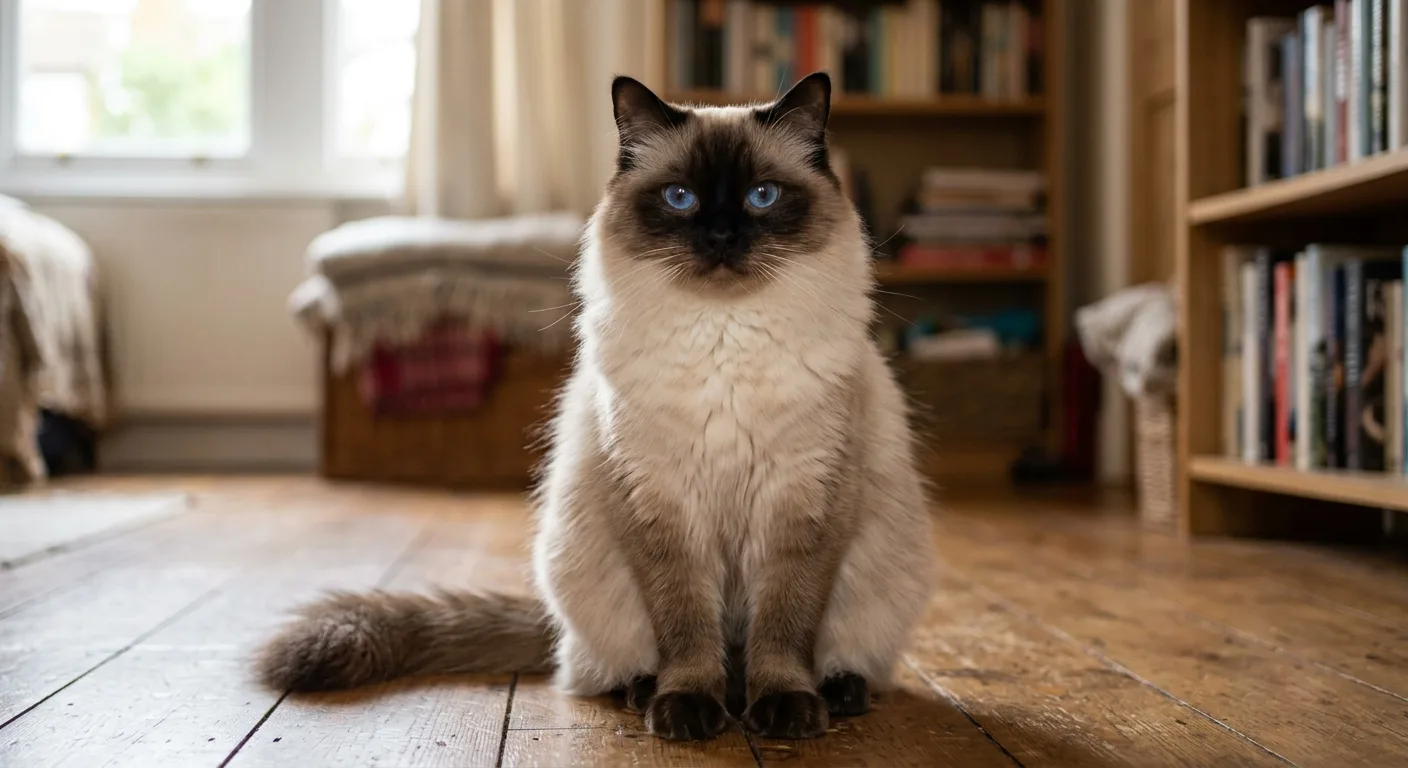 A seal point Ragdoll with deep dark-brown ears, mask, and legs against a warm cream body, vivid blue eyes, sitting upright
