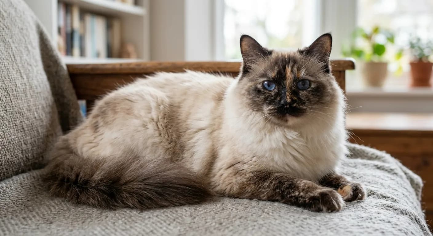 A seal tortie point Ragdoll female with mottled patches of red mixed into the dark seal points on the face and legs, blue eyes