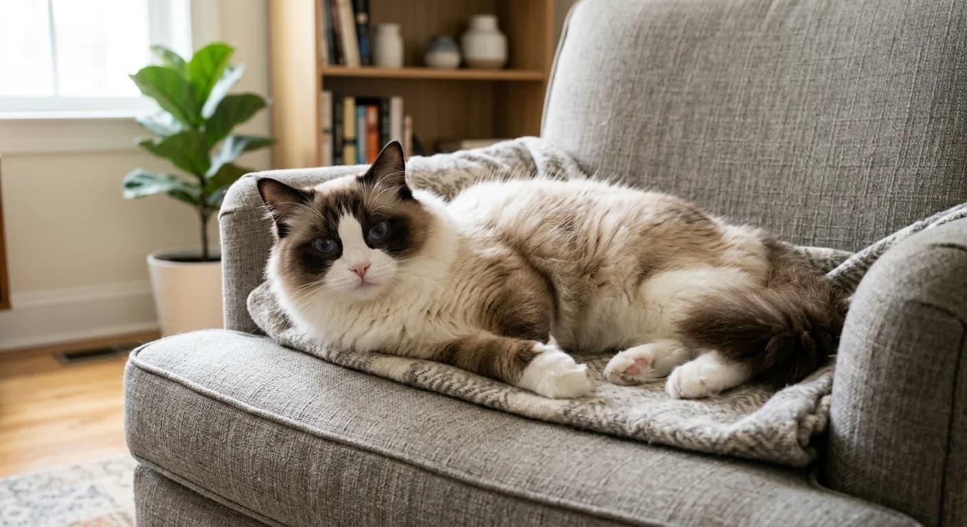 A relaxed bicolor Ragdoll cat with an inverted white V on its face and blue eyes lounging on a fabric armchair in a clean living room