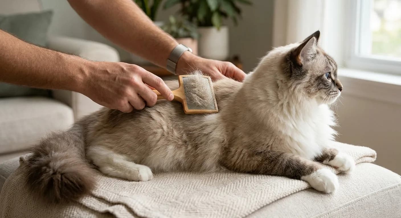 A hand gently brushing a mitted Ragdoll cat with a slicker brush to remove loose allergen-coated hair, no human face shown