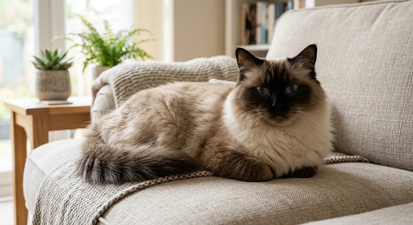 Large semi-longhaired seal colorpoint Ragdoll cat with deep blue oval eyes and a silky plush coat resting calmly on a sofa