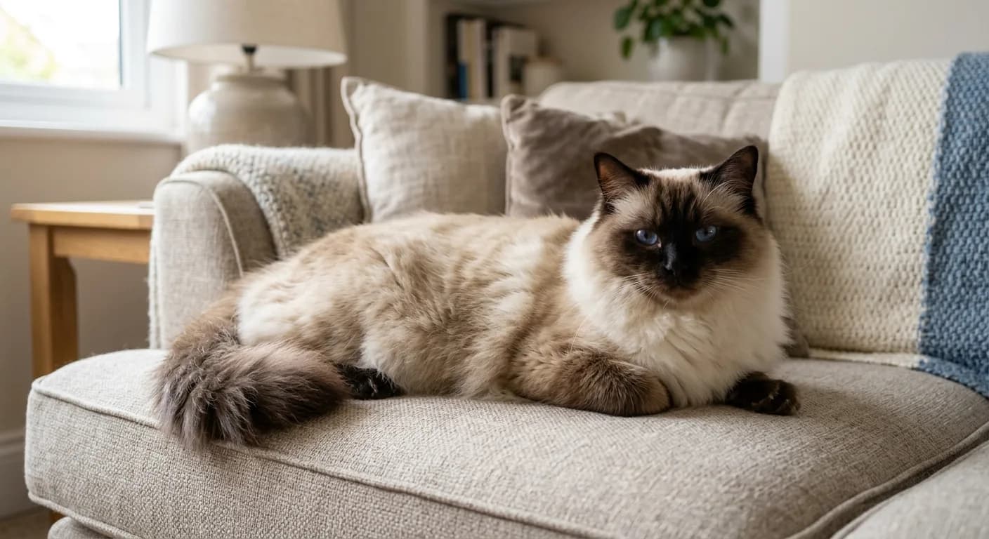 A calm adult colorpoint Ragdoll cat with a plush cream and seal-point coat and large oval blue eyes resting on a sofa