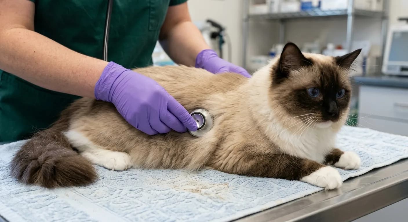 A veterinarian's gloved hands using a stethoscope to listen to the chest of a large mitted Ragdoll cat on an exam table