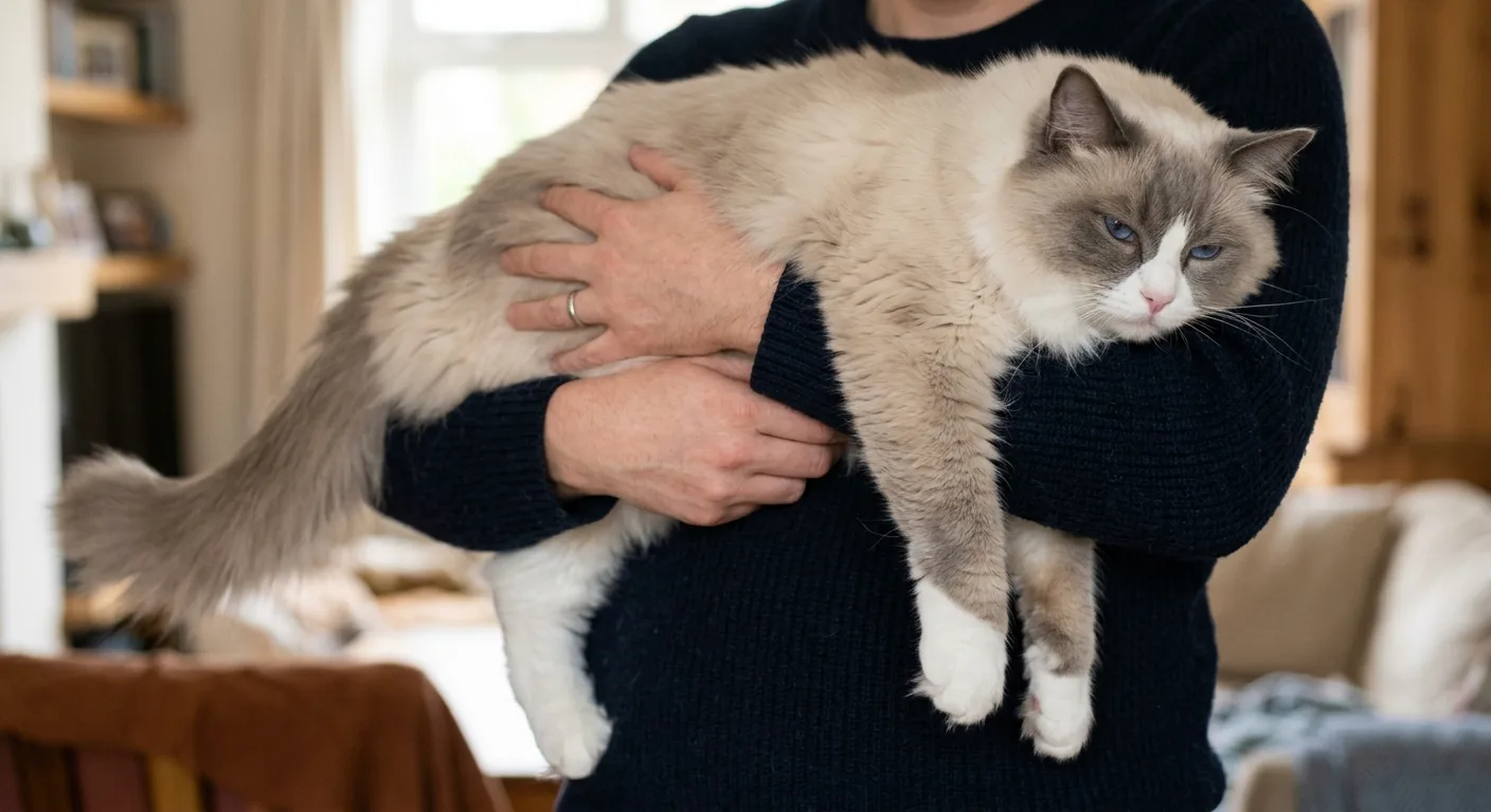 A large mitted Ragdoll cat with white mittens on its paws and blue oval eyes going completely limp and relaxed while being gently held against a person's chest