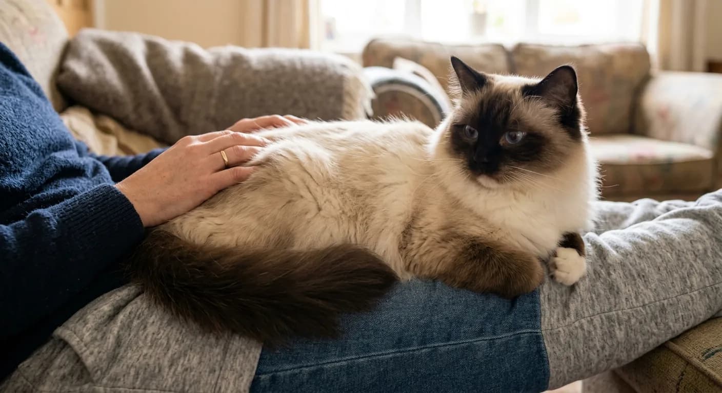 A large semi-longhaired colorpoint Ragdoll cat with blue oval eyes relaxing affectionately on a person's lap, silky plush cream and seal-point coat
