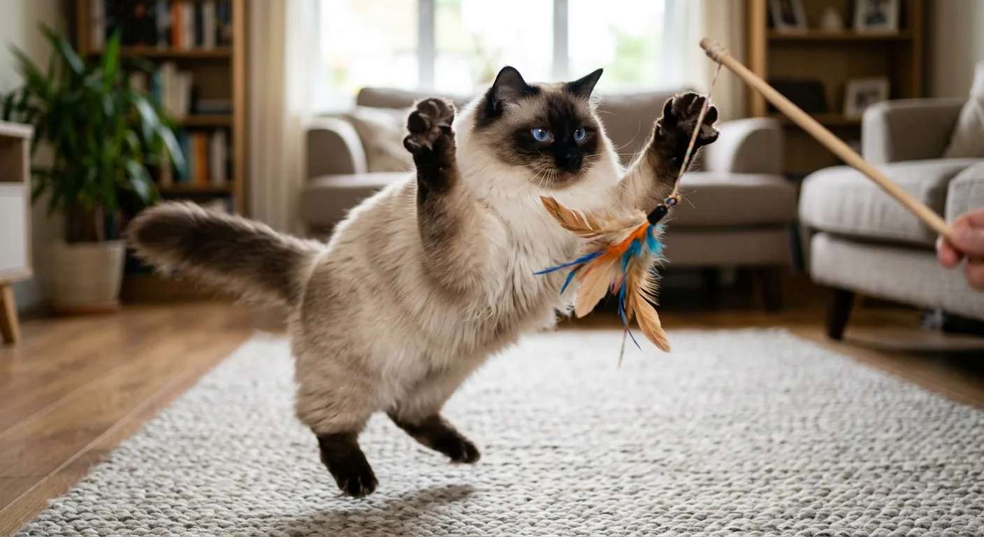 A large semi-longhaired colorpoint Ragdoll cat with blue oval eyes and a silky plush coat playing with a feather wand toy on the floor, paws up mid-pounce