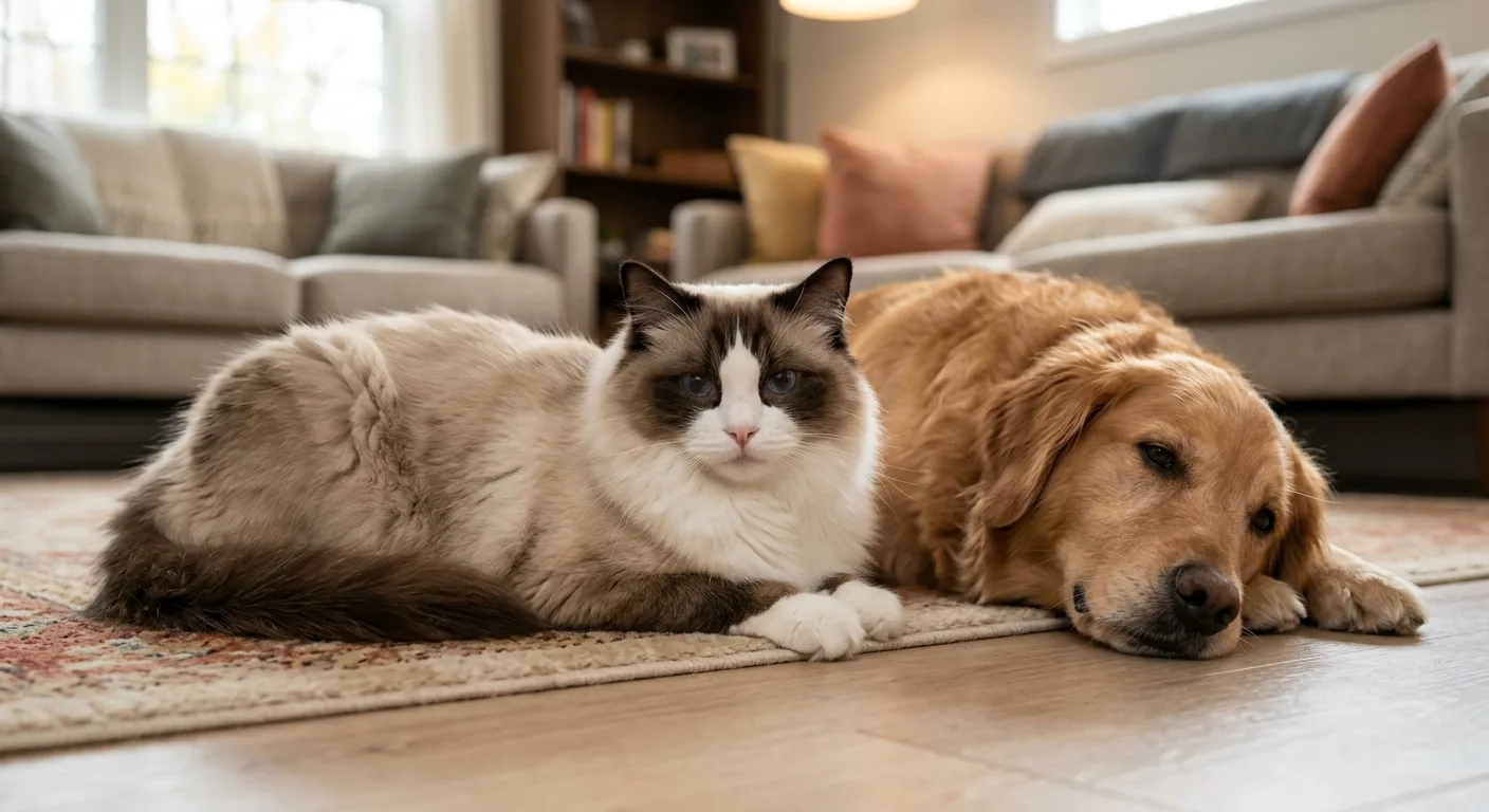 A calm bicolor Ragdoll cat with an inverted white V on its face and blue oval eyes lying peacefully next to a friendly dog on a living room floor