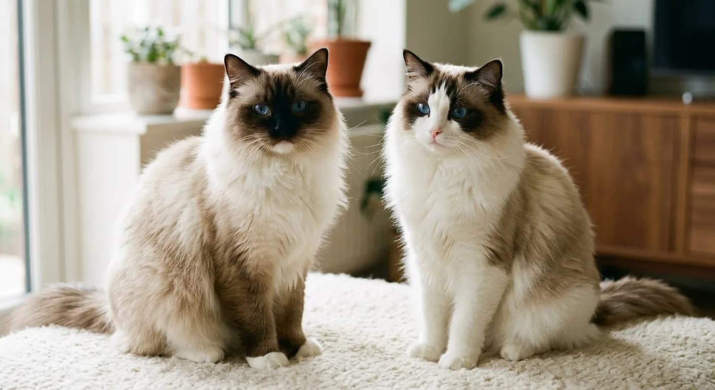 Two Ragdoll cats with blue eyes shown side by side, one a mitted seal point with white paws and one a bicolor with an inverted white V on the face, both with silky semi-long coats