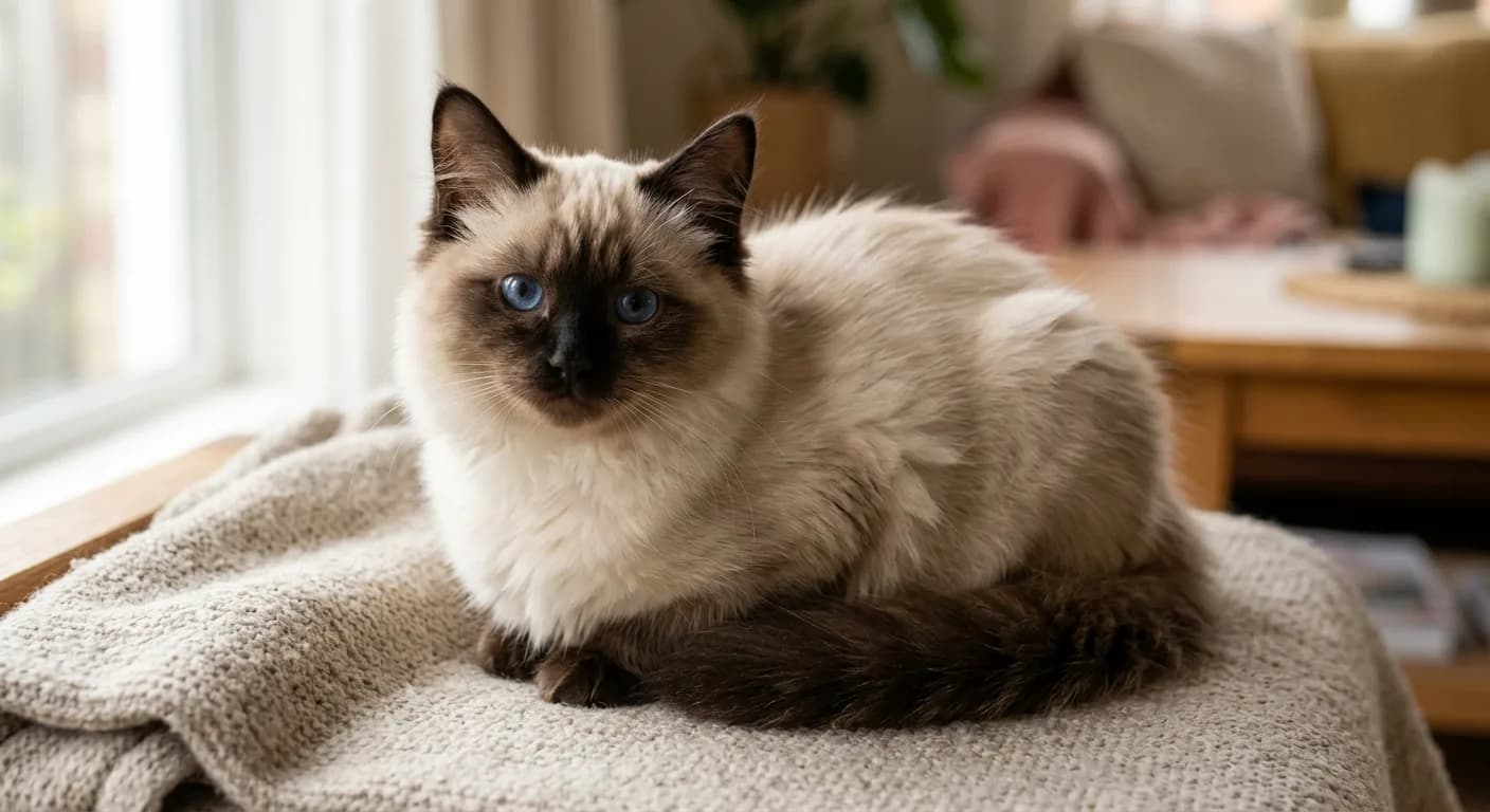 Large semi-longhaired seal-point Ragdoll kitten with deep blue oval eyes and a silky plush coat sitting on a soft neutral blanket