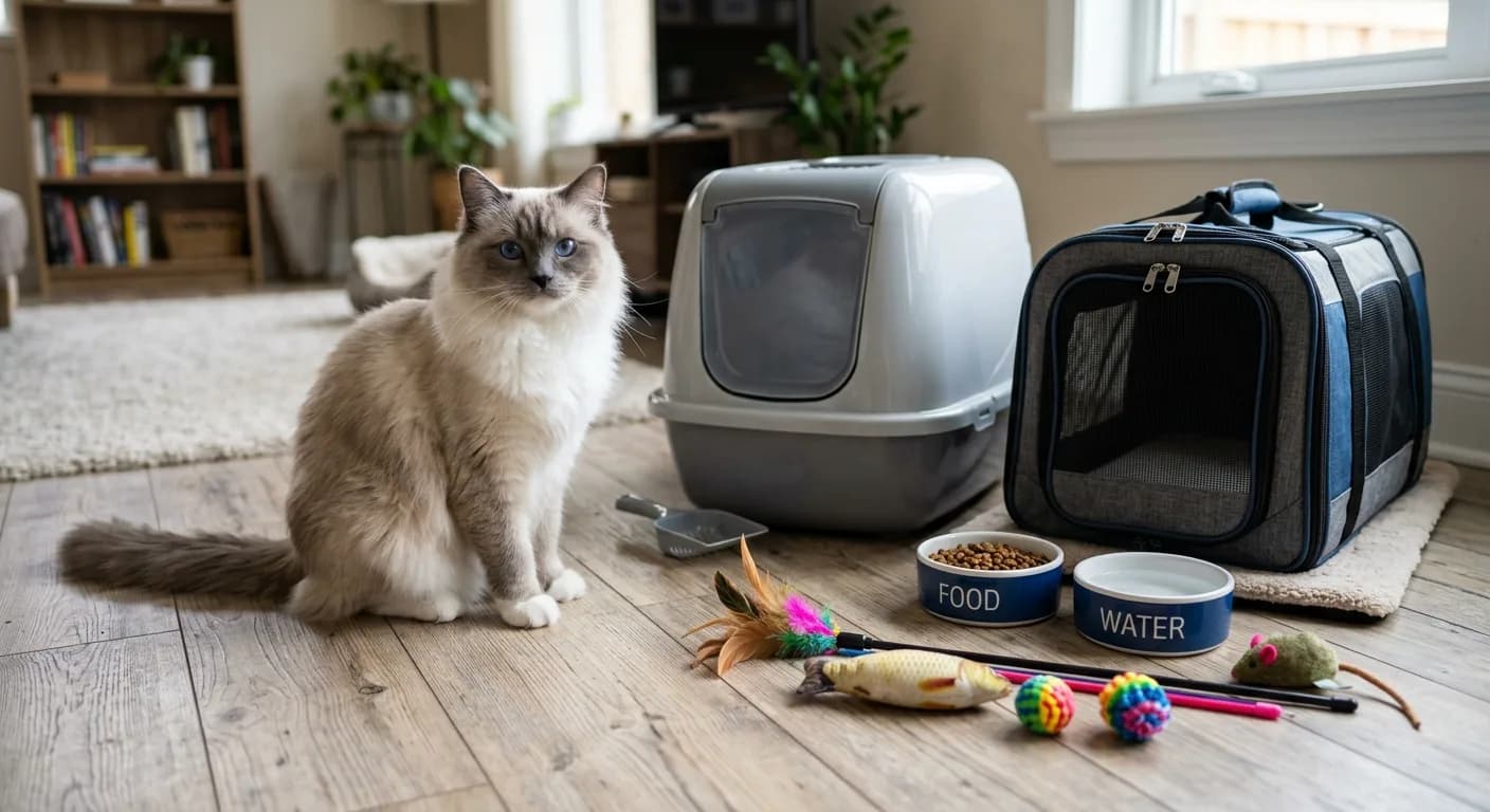 A young blue-eyed mitted Ragdoll cat beside new cat supplies including a litter box, food and water bowls, a carrier, and toys arranged on a wood floor