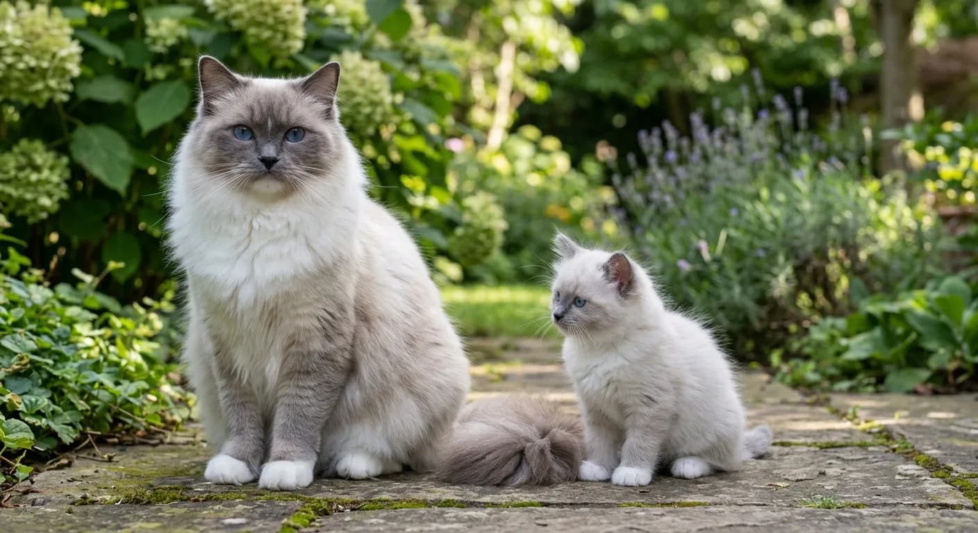 Large adult mitted Ragdoll cat with white mitten paws and blue eyes sitting beside a small Ragdoll kitten to contrast full-grown size against the early growth stage