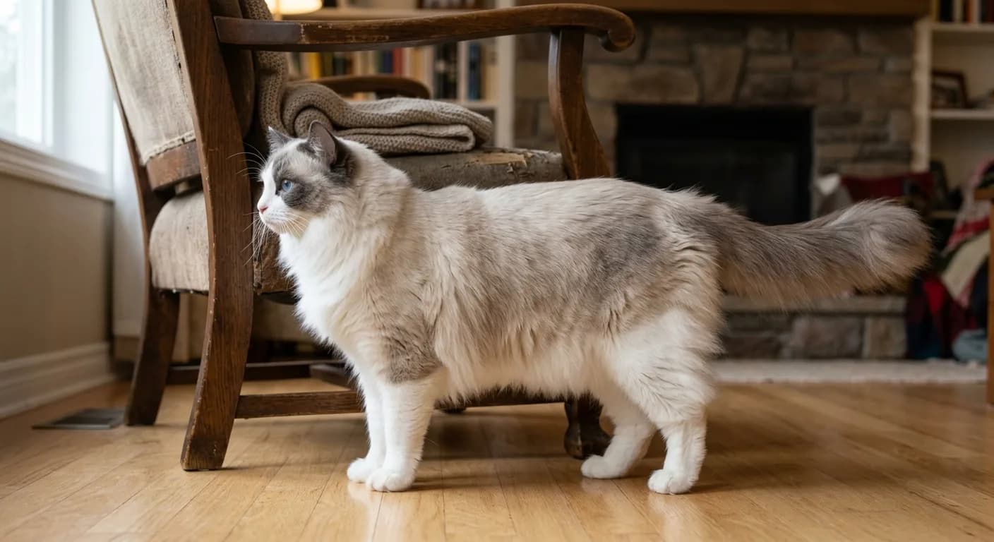 Adult bicolor Ragdoll cat with white inverted V on the face and blue eyes standing in profile next to household furniture for size scale against other large cat breeds