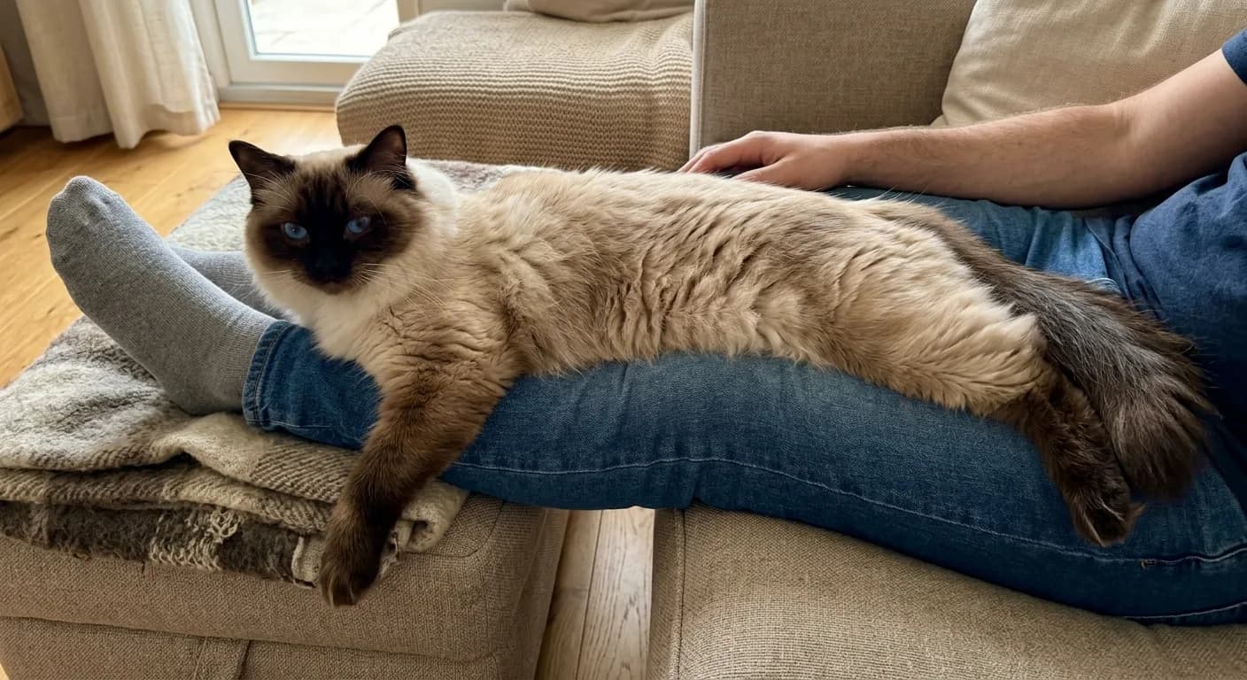 Large adult seal-point Ragdoll cat with blue oval eyes and a silky plush coat lying stretched out beside a person's leg to show its substantial body length and size