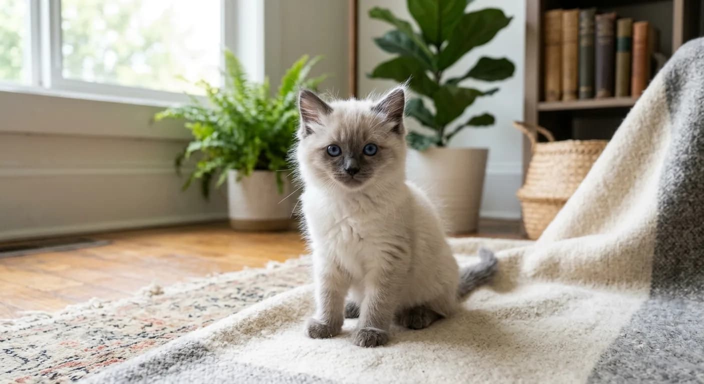 Young blue-eyed Ragdoll kitten with a colorpoint coat and pale body sitting upright, illustrating the small early stage before the breed's slow multi-year growth