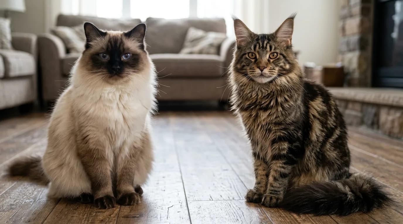 Side-by-side comparison: on the left a large seal-point Ragdoll cat with silky plush fur and bright blue oval eyes, on the right a brown tabby Maine Coon cat with a shaggy coat and lynx-tipped ears, both sitting facing the camera