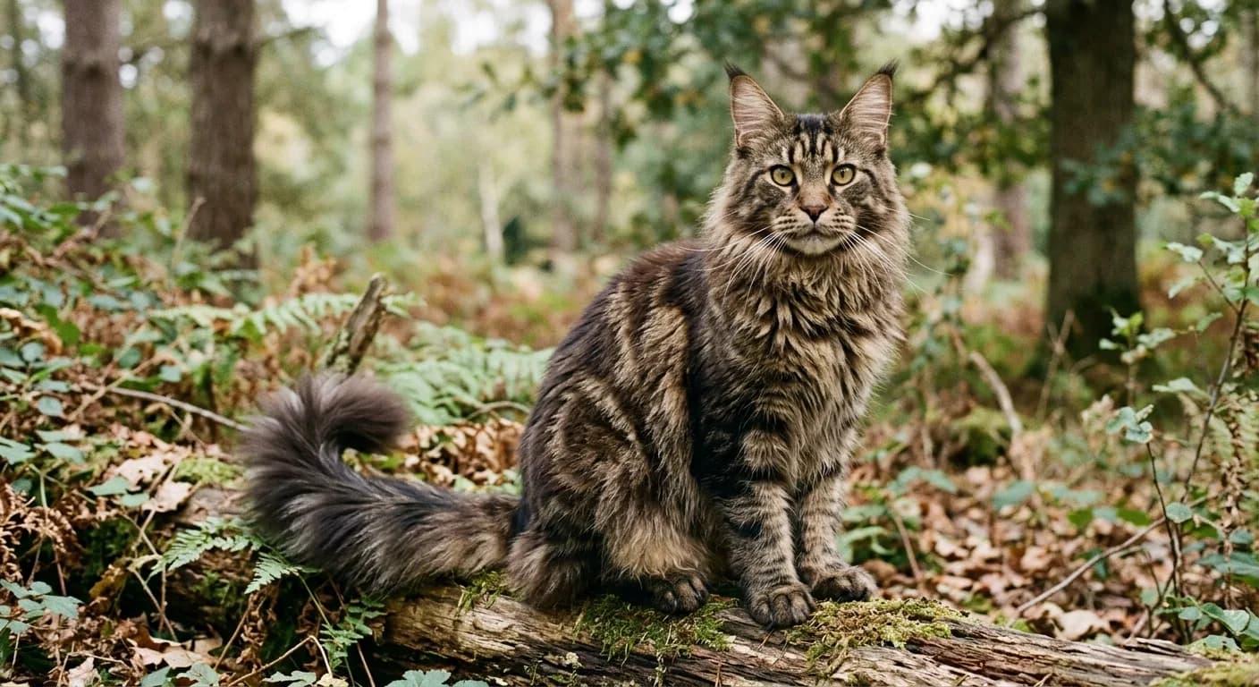 A brown tabby Maine Coon cat with a shaggy water-resistant double coat, large lynx-tipped ears, a bushy tail, and gold-green eyes, sitting upright outdoors