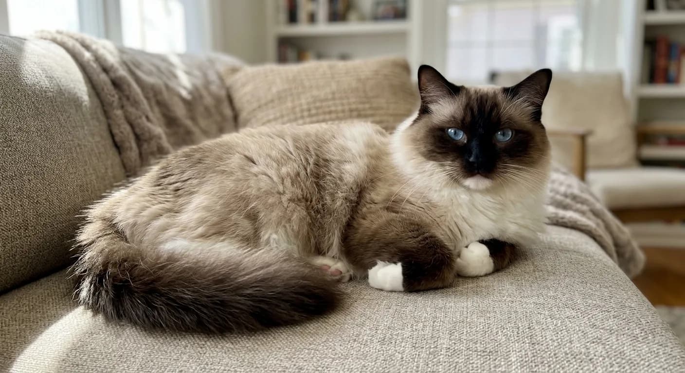 A seal mitted Ragdoll cat with silky plush fur, white mitten paws, and large bright blue oval eyes, lying relaxed on a couch