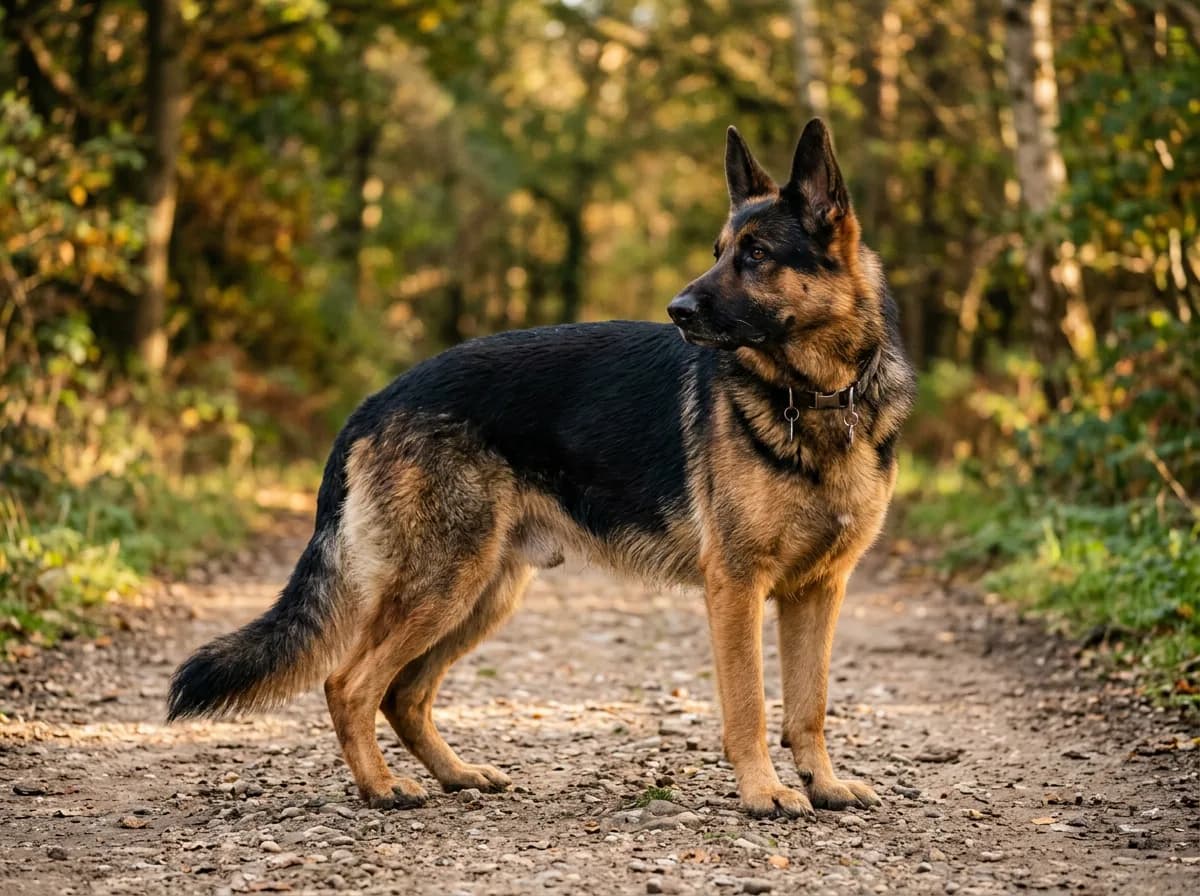 Adult German shepherd standing outdoors and glancing back toward its tail
