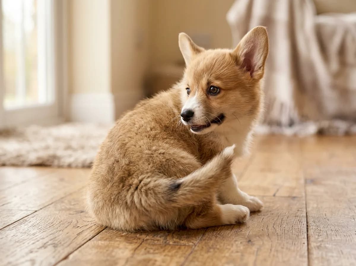 Corgi puppy twisting around to investigate its own tail indoors