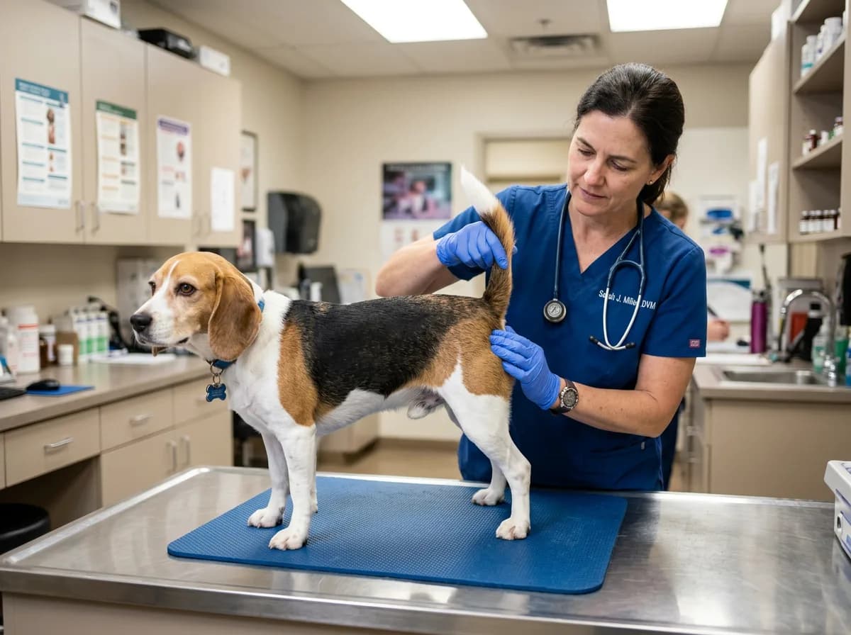 Veterinarian examining the base of a beagle's tail during a checkup