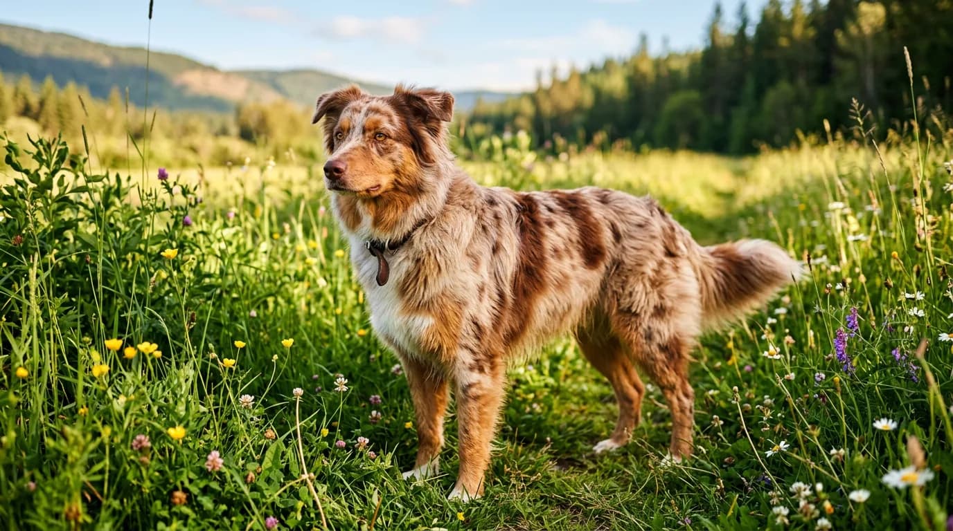 A red merle Australian Shepherd standing in a sunlit meadow, marbled liver-and-cream coat clearly visible, amber eyes, three-quarter angle