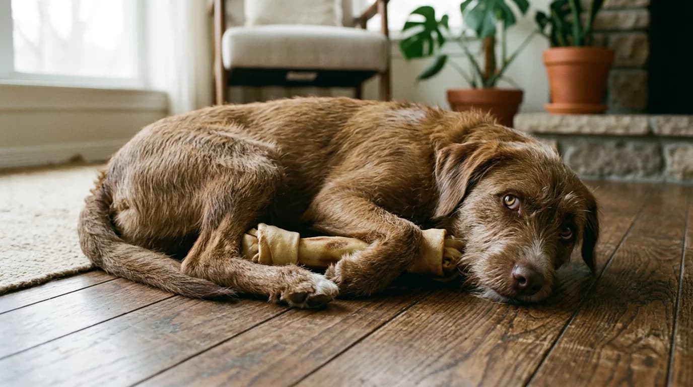 A medium-size brown mixed-breed dog lying on a wood floor with its body curled protectively around a rawhide chew, head lowered and eyes rolled up to show 