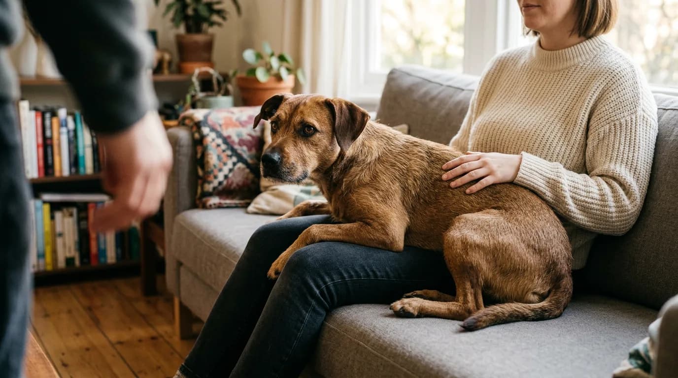 medium-sized brown mixed-breed dog lying across a woman's lap on a couch, body stiff and eyes tracking a second person approaching from the side, warm