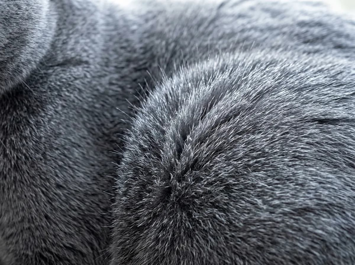 Close-up of a Russian blue cat's dense blue-gray fur showing the silver-tipped guard hairs and plush, standing double-coat texture