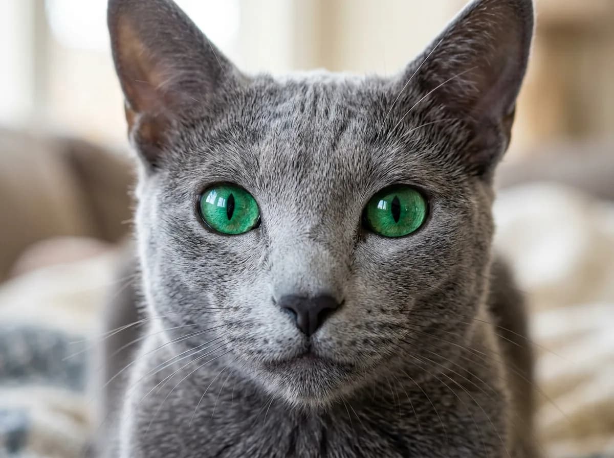 Extreme close-up of a Russian blue cat's face showing its vivid emerald green eyes and the soft upturned "Mona Lisa smile" mouth