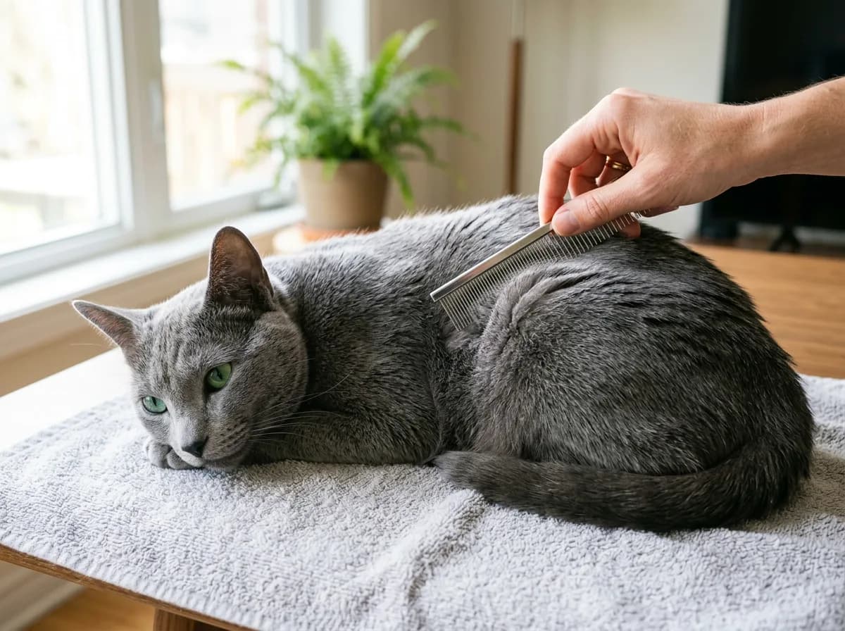 A Russian blue cat being gently combed with a fine-toothed comb, its plush blue-gray coat looking neat and healthy