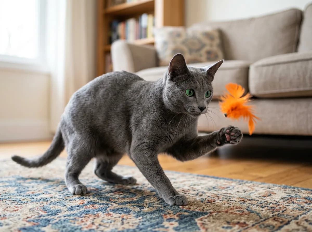 A healthy, lean Russian blue cat playing with an interactive toy, illustrating the importance of activity and portion control for the food-motivated breed