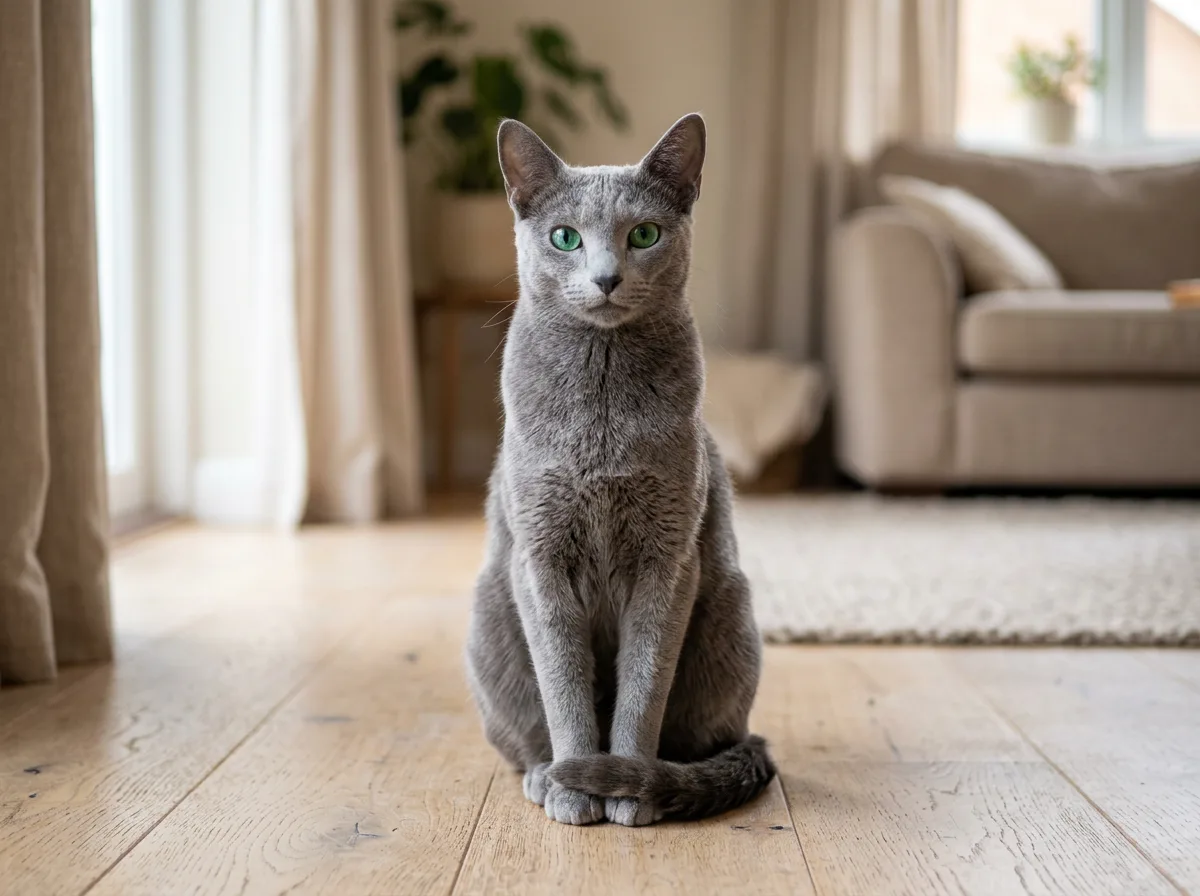 A purebred Russian blue cat sitting upright in soft natural light, silver-tipped blue-gray coat shining and vivid emerald green eyes on the camera