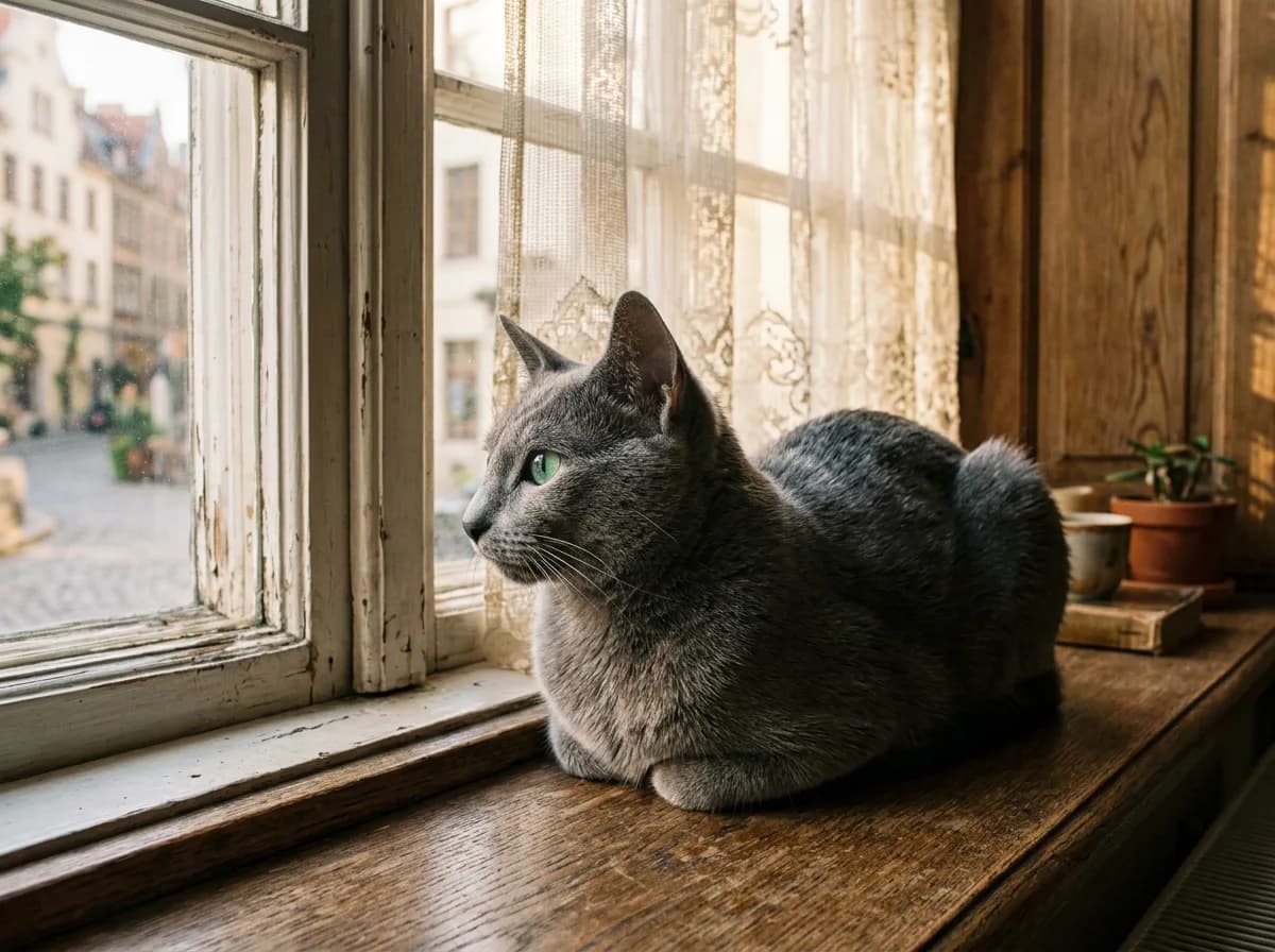 A Russian blue cat resting on a windowsill in warm light, its silvery coat and green eyes evoking the breed's old-world northern Russian origins