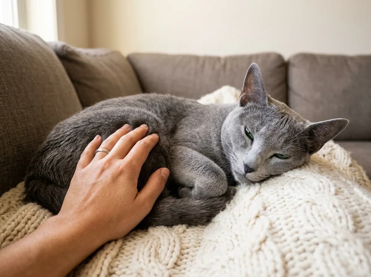 A Russian blue cat curled contentedly on a knit blanket, leaning into a gentle hand petting its plush gray coat, showing the breed's devoted velcro side