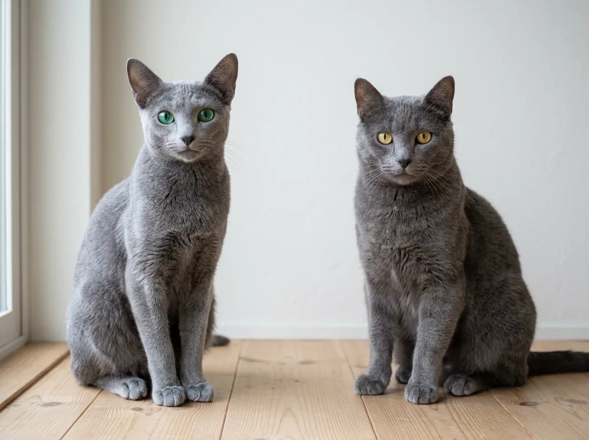 A green-eyed purebred Russian blue beside a yellow-eyed gray domestic shorthair, showing how a true Russian blue differs from a look-alike gray cat