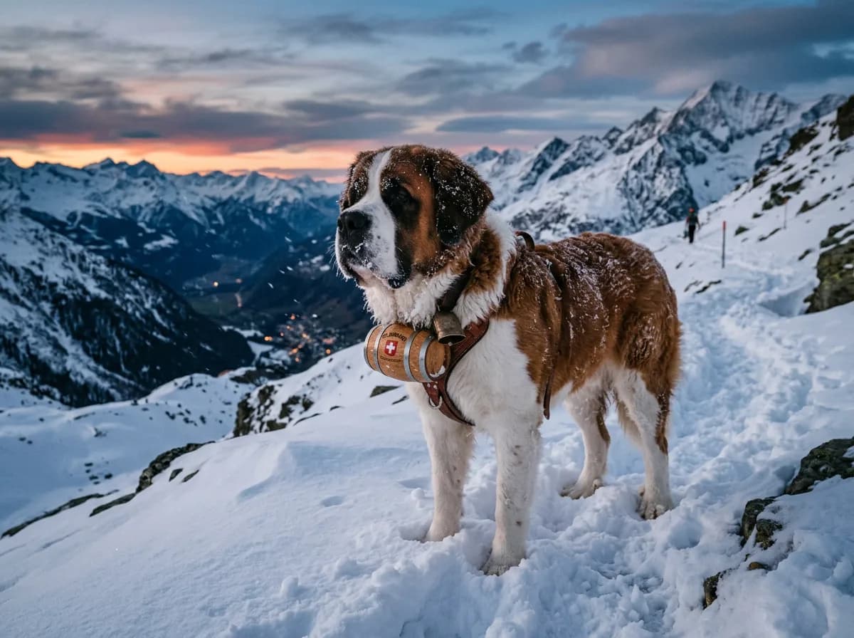 A Saint Bernard standing in deep snow on a mountain pass at dusk, thick coat dusted with snow, evoking the breed's alpine rescue heritage